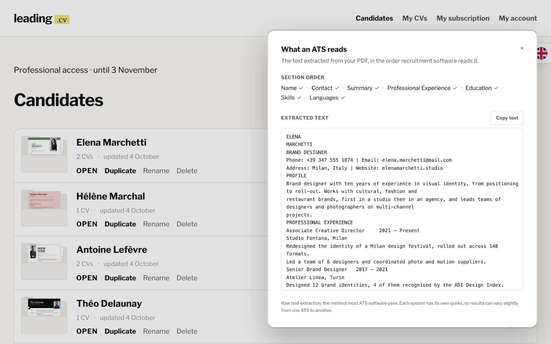 The Candidates screen of the professional space and the ATS reading window, with sample data.