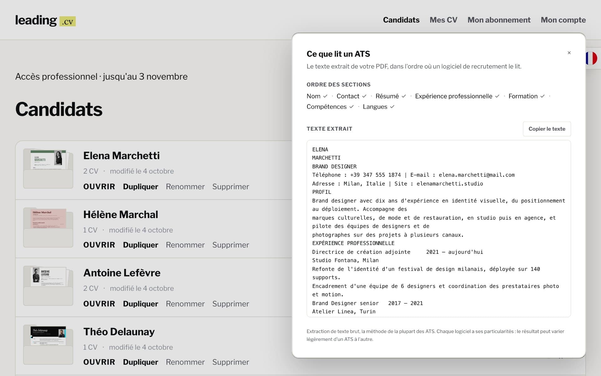 L'écran Candidats de l'espace pro et la fenêtre Lecture ATS, sur des données fictives.