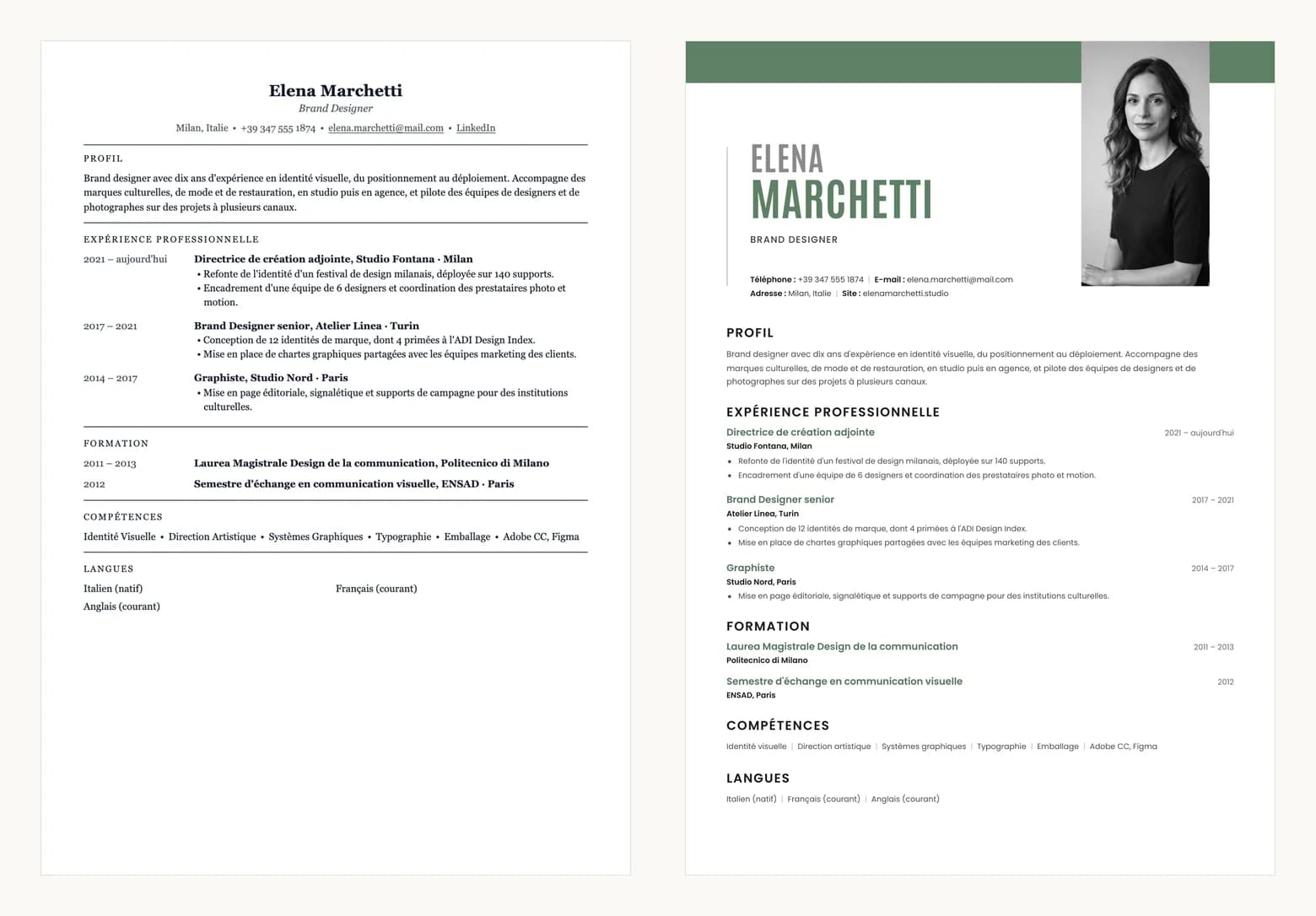 Le même CV avant mise en page, à gauche, et après mise en page avec leading.cv, à droite.