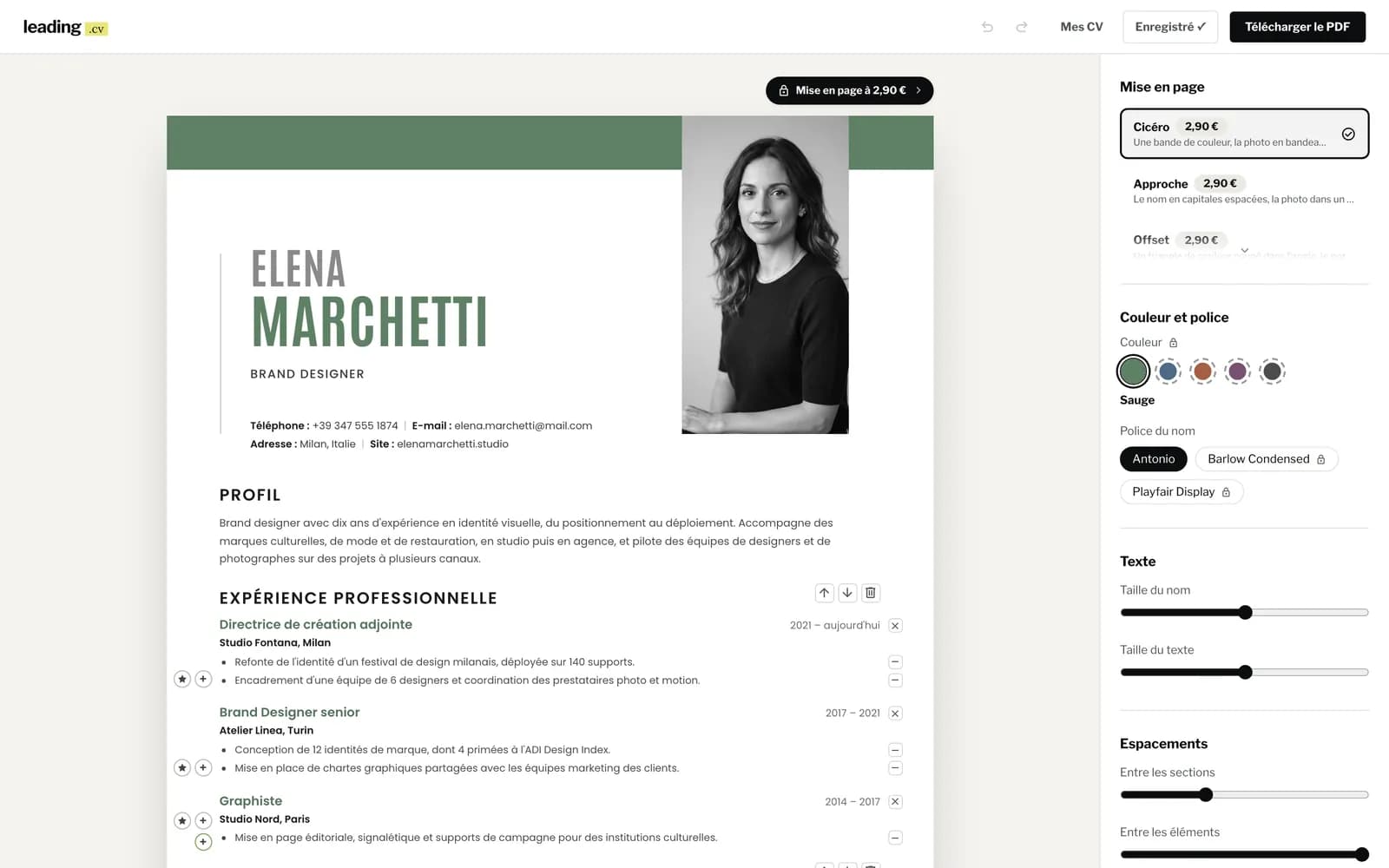 L'éditeur de leading.cv : le CV à gauche, à droite le choix de la mise en page, de la couleur et de la police du nom.