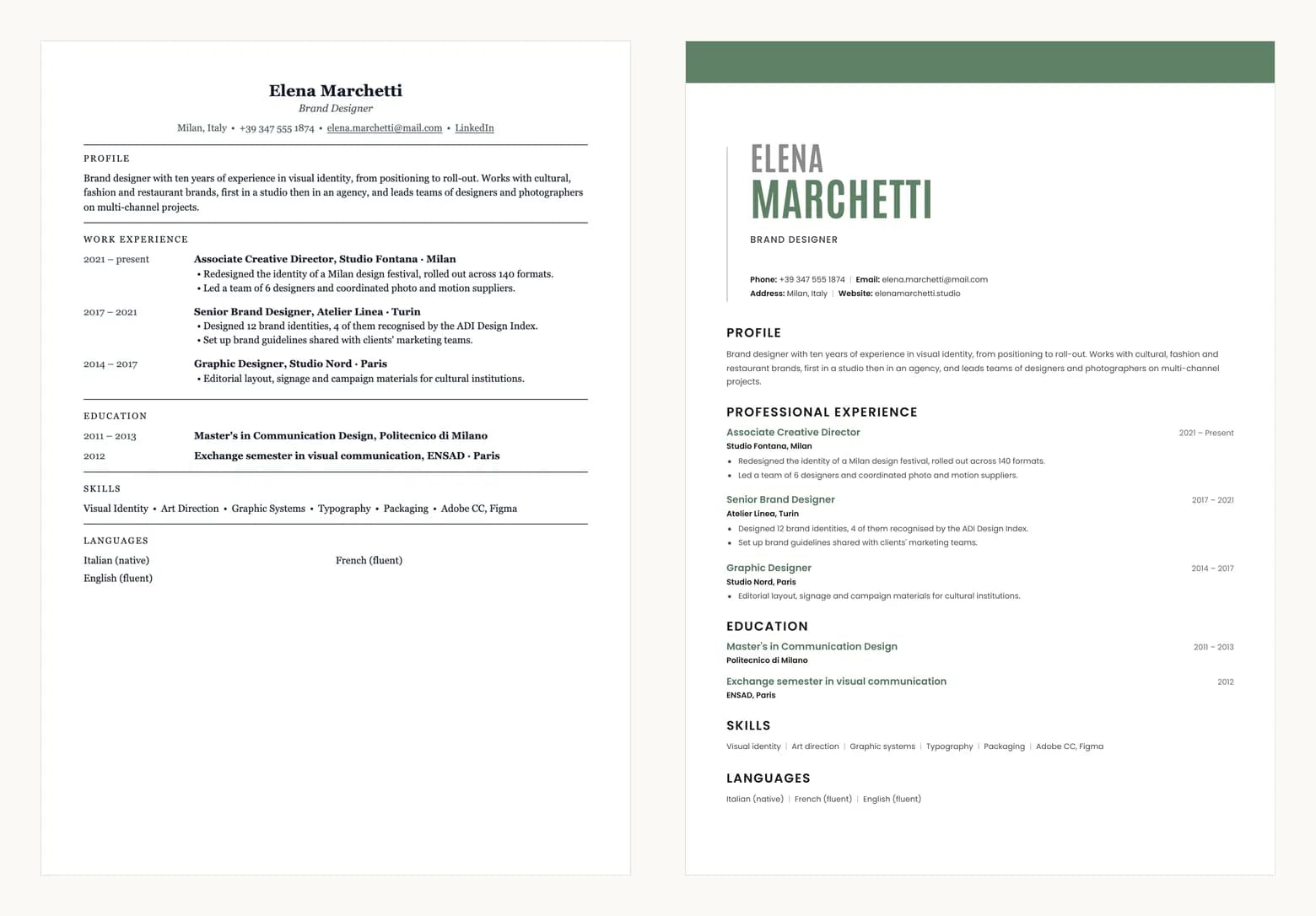 The same CV before restyling, on the left, and after restyling with leading.cv, on the right.