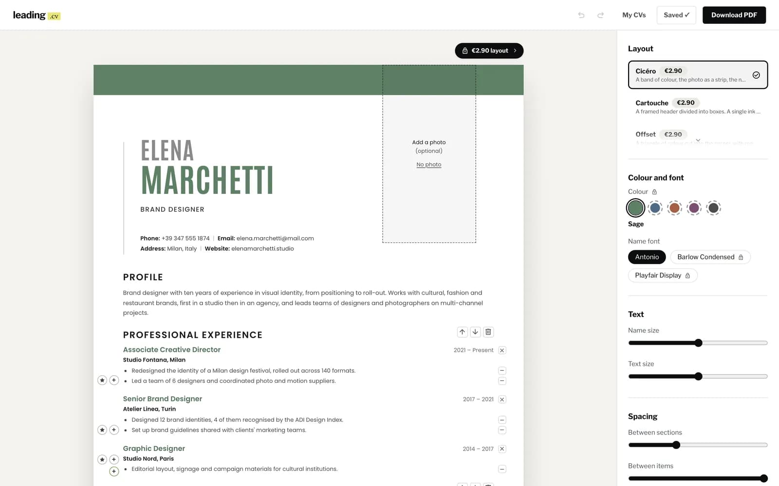 The leading.cv editor: the CV on the left, and on the right the choice of layout, colour and name font.